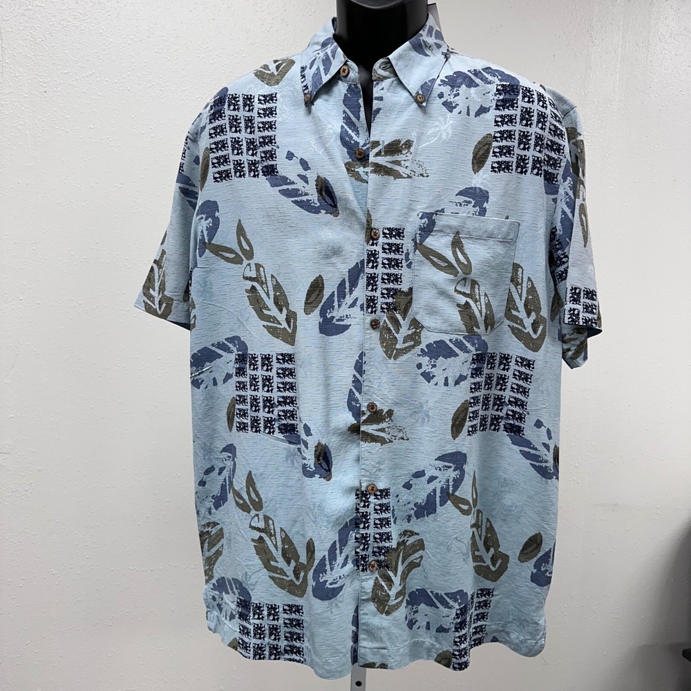 Floral Camp Shirt Tropical‎ Blue Print Button Up Short Sleeve Size XL